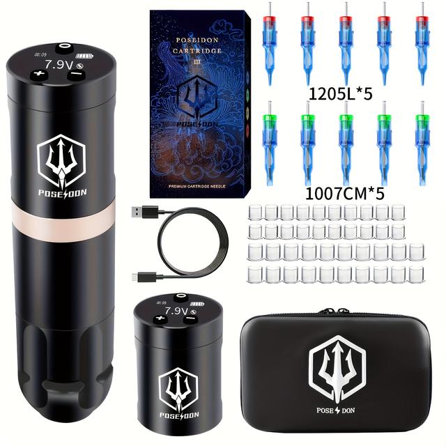 TEMU Kit de Tatouage POSEIDON avec Batteries, Stylo à Tatouage Fil et 10 Cartouches d'Aiguilles pour Débutants