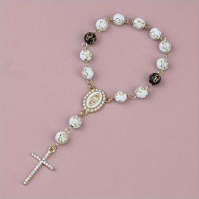 TEMU Elegant Car Rearview Mirror Rosary With Charm - Stylish Beaded Decoration For Auto Interior, Durable Pearl And Alloy Chain, Perfect Gift For Special Occasions