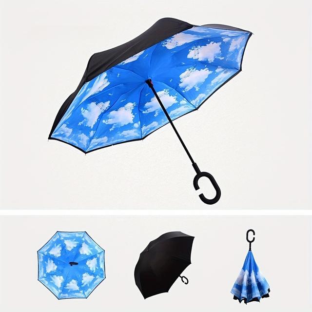 TEMU Straight Handle Umbrella With Creative Hands--manual Reverse Umbrella For Car, Business, And Use. Double-layer Fabric, Reverse-fold Design, Portable And For Travel