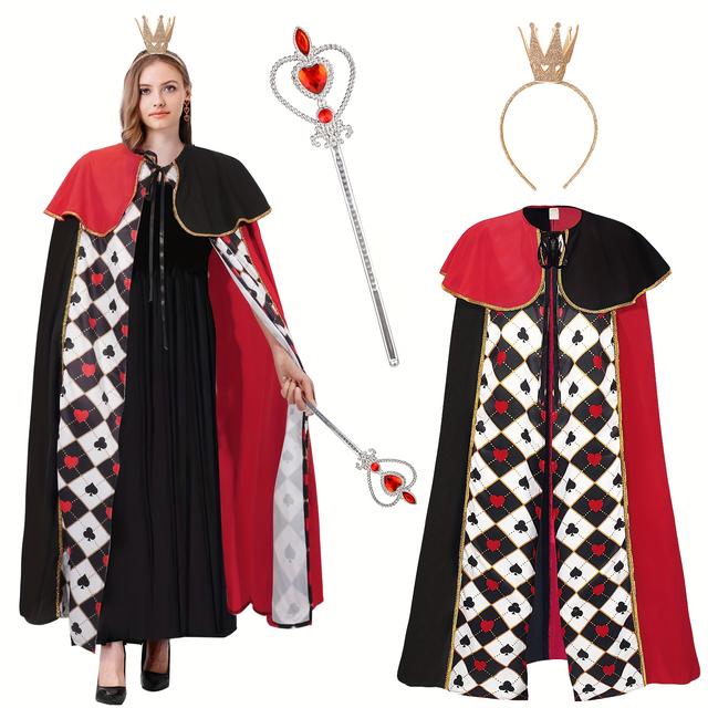 TEMU 여성용 크라운과 지팡이가 있는 퀸 코스튬 - 할로윈, 크리스마스, 코스프레, 무대 공연 및 세계 배정 데이를 위한 블랙 & 레드 폴리에스터 화려한 드레스, 할로윈 의상 | 왕실 외모 | 폴리에스터 코스튬