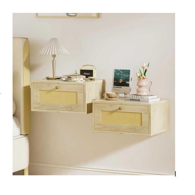 TEMU 2x Mesita de Noche Flotante, Mesita de Noche Montada en la Pared, Mesita de Madera con Cajón para , Dormitorio 40x30x20cm