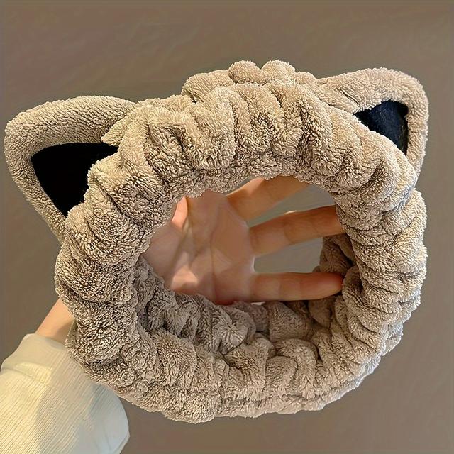 TEMU Пухнаста пов'язка на з милими котячими вушками, еластична, вологопоглинаюча, підходить для вмивання, макіяжу та догляду за шкірою