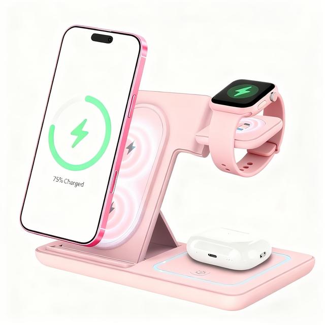 TEMU 15w Max Wireless Charging Station, Foldable, Portable, 3-in-1 Fast Charging, Usb-c, Multiple Colors