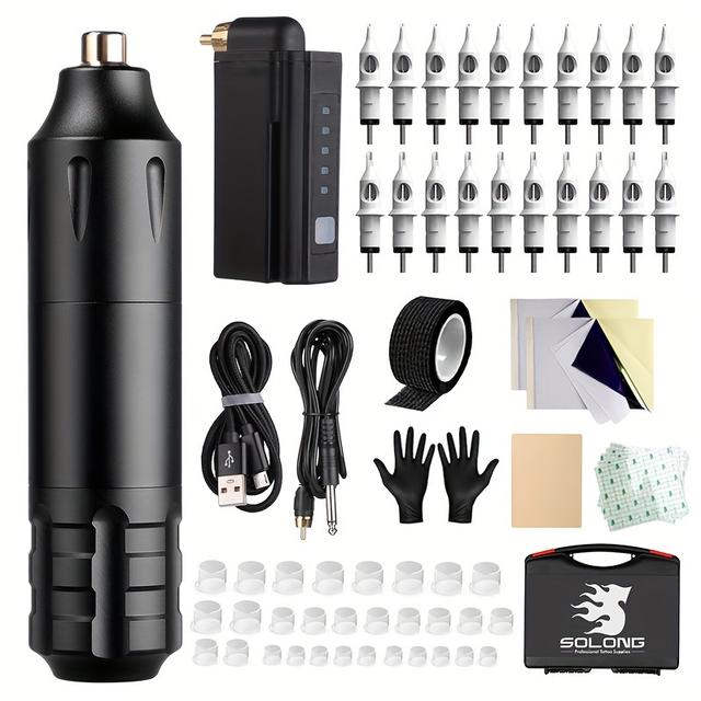 TEMU Tattoo Kit-tattoo Pen Kit Rotary Gun Machine Pen Rca With Wireless Battery 20pcs Cartridge Mixed Needles Power Supply
