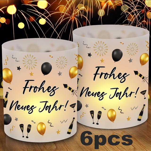 TEMU 6pcs Festive New Year's Eve Candle Holders - "frohe Neue Jaar!" Table Decor, Golden & Black With Fireworks & , Party Celebrations, Tea Light Holders, And Candle Display, Candle Holder Decorations