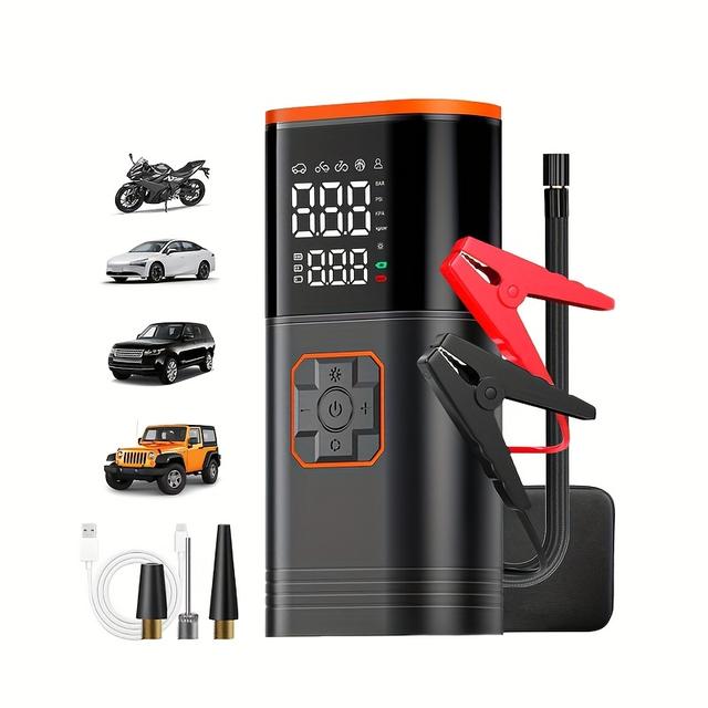 TEMU Portable Tire Inflation Pump, Emergency Power Supply With Inflator, Integrated Car Starter+inflator, 2.38 Gallon Gasoline/1.98 Gallon , With Led Light And Usb Power Bank Function