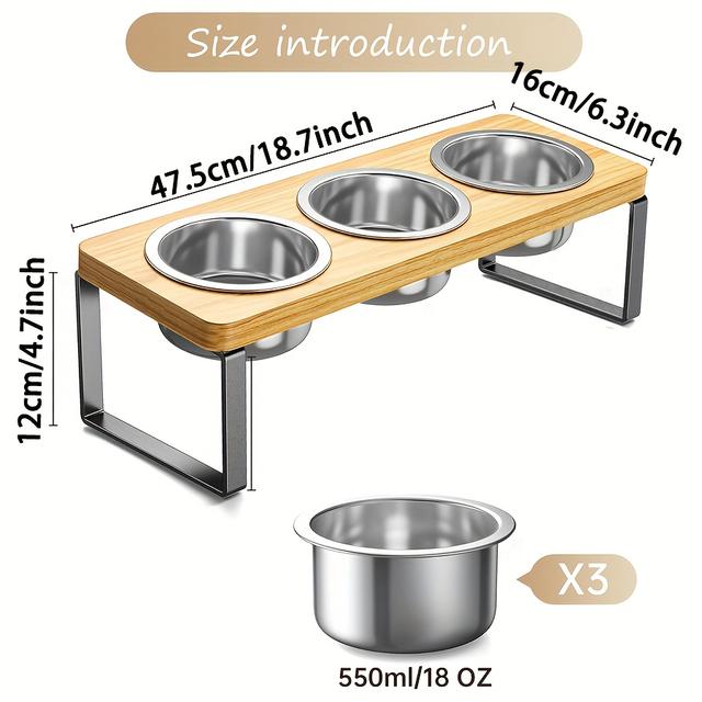 TEMU Raised Cat Food Water Bowl Elevated Tilted Kitty Dishes Set Of 3 Stainless Steel Dish For Indoor Cats Orthopedic Pet Food Stand Anti Vomiting 3 Bowl Cat Feeder Easy Assembly