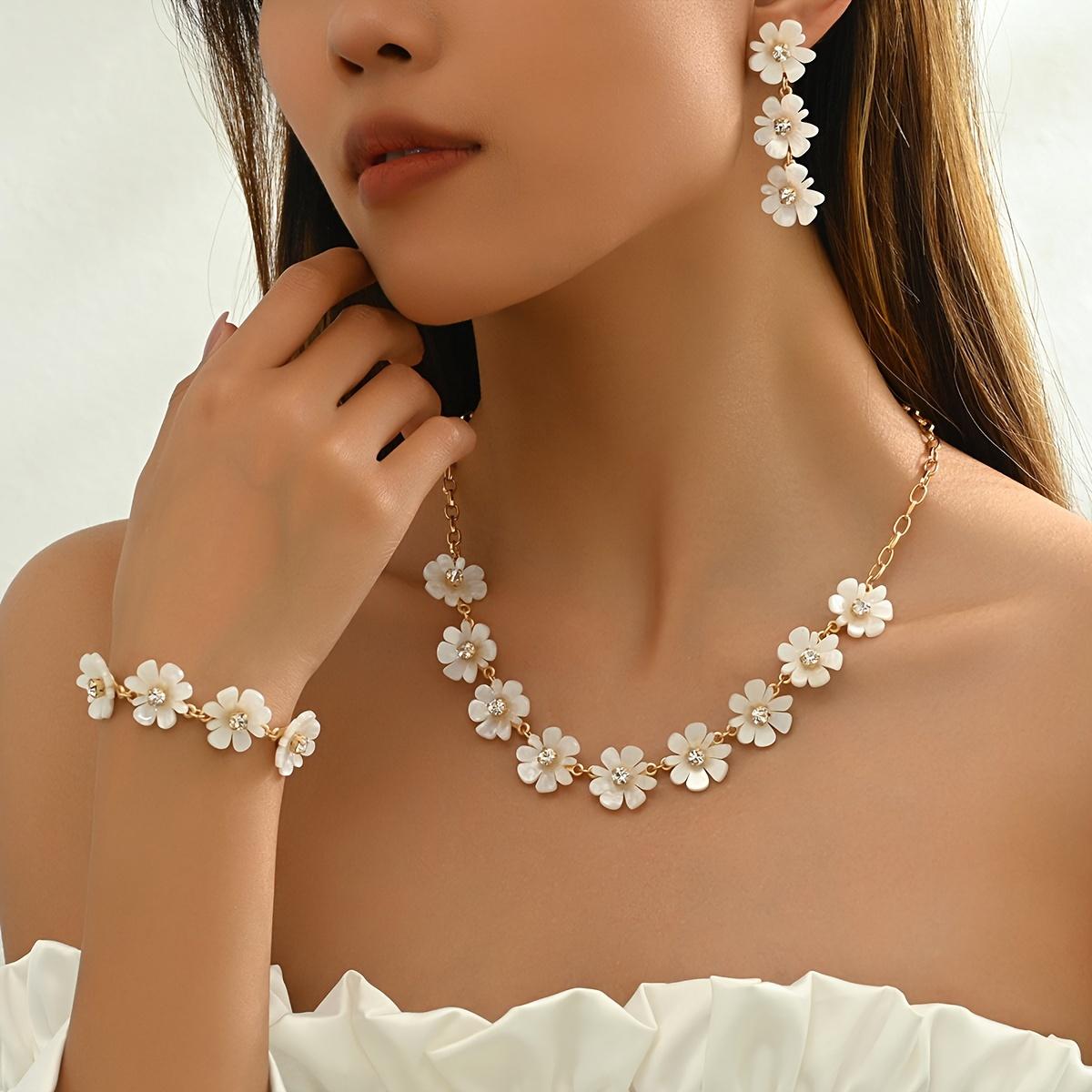 TEMU A Stylish And Elegant Three-piece Set Featuring A Floral Bracelet, Necklace, And Earrings, Embodying A Easy Yet Luxurious Charm