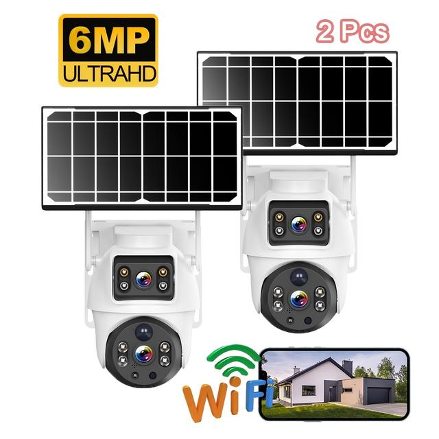 TEMU 2pcs 6mp Outdoor Wifi Solar Powered Camera, Humanoid Detection, Motion Tracking, Intercom, Night Vision, Alarm Push