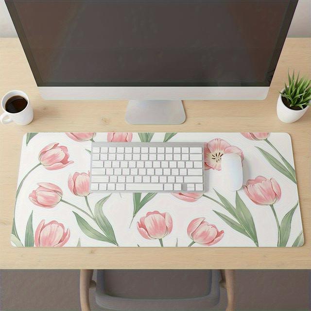 TEMU 1pc Mousepad For Gaming Office, Soft Rubber Material- Pink Tulips With Green Leaves On White Background. -perfect Gift For , Mouse Pads For Desk