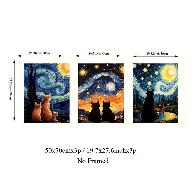TEMU Conjunto de 3 Piezas de en Sin - Noche Estrellada de Van y Gato Negro, Decoración de Pared con Animales para Dormitorio, , Oficina en Casa