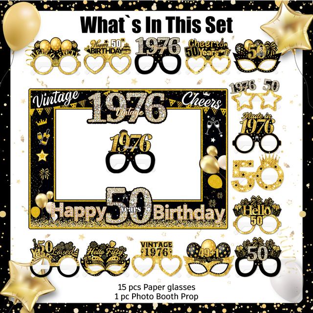 TEMU 16pcs Vintage 50th Birthday Party Supplies Set | Black Frame Paper Glasses Decorations With 1976 Theme, Suitable For Men And Women Birthday Photo Decorations