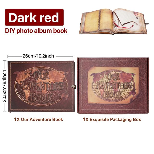 TEMU Our Adventure Book Burgundy Book Album 180 Pages Diy Handmade Scrapbook Vintage Style Embossed Letters Leather Cover Paper Album Anniversary Wedding Gift Gift