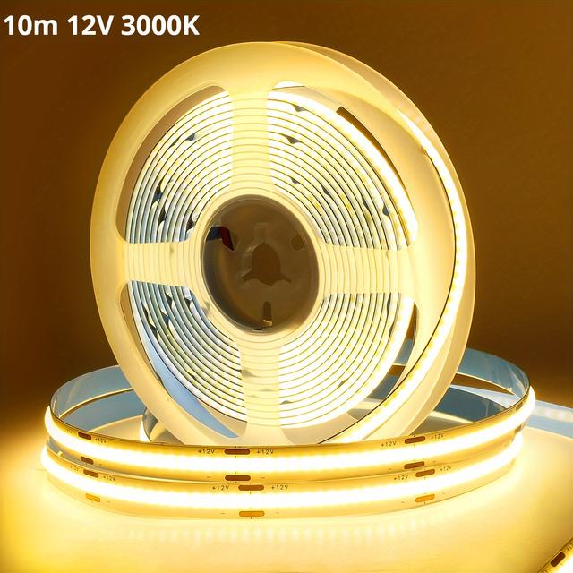 TEMU Cob Led Strip Lights 24v/12v 32.8ft/10m 320leds/m Cri90 Bright Flexible Led Tape 8mm For Indoor Home Cabinet Bedroom Backlight Lighting(strip ), Without Battery