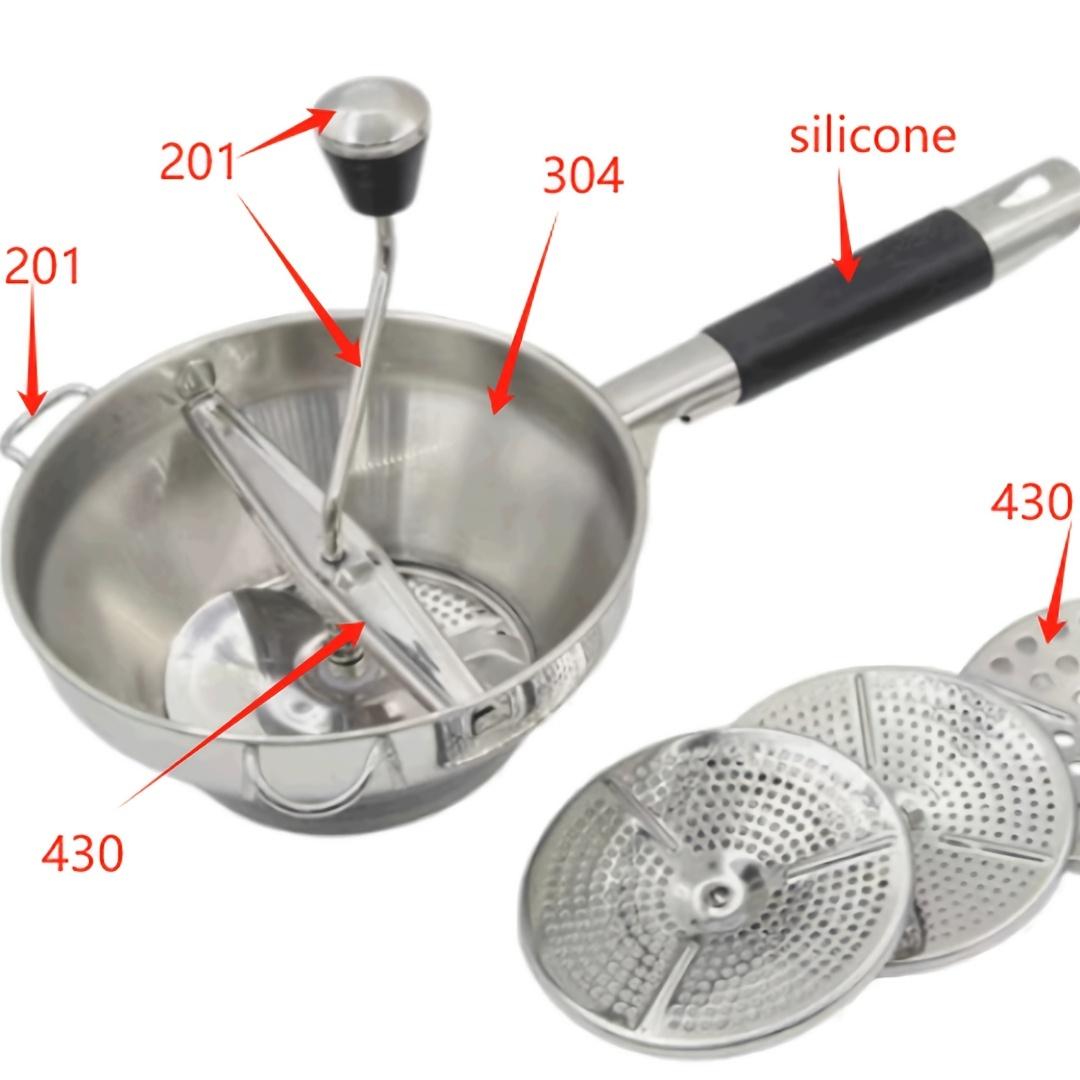 TEMU Molinillo de Alimentos de Acero Inoxidable Discos de Molienda, Diseño Ergonómico Rotatorio para Salsa de Tomate, de Patatas, en Curdito, Etc., con Mango de Silicona, para Lavavajillas
