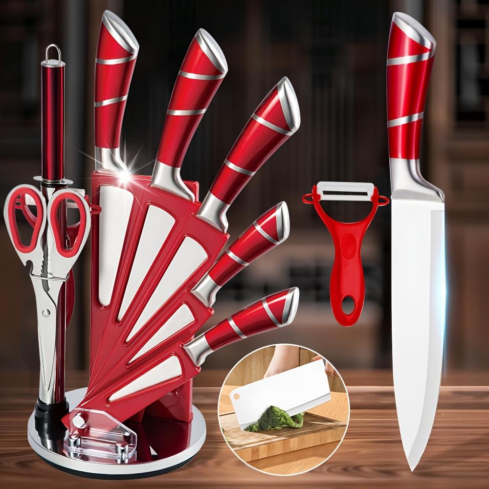 TEMU 9pcs Kitchen Knife Set With Knife Holder, Stainless Steel Knife Set, Sharp Knife Set, Red Color, Comfortable Handle, Multiple Sizes, Can Cut Most Ingredients Easily, A For Life!