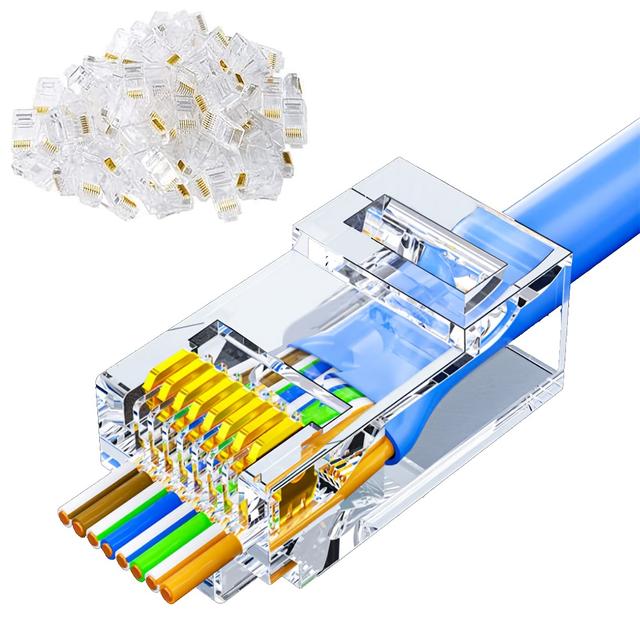 TEMU Zoerax 50pcs Rj45 Cat6 Cat5e Pass Through Connectors 100 Packs Gold Plated 3 Prong 8p8c Modular Ethernet Utp Network Cable Plug For Unshielded Solid Wire & Standard Cables