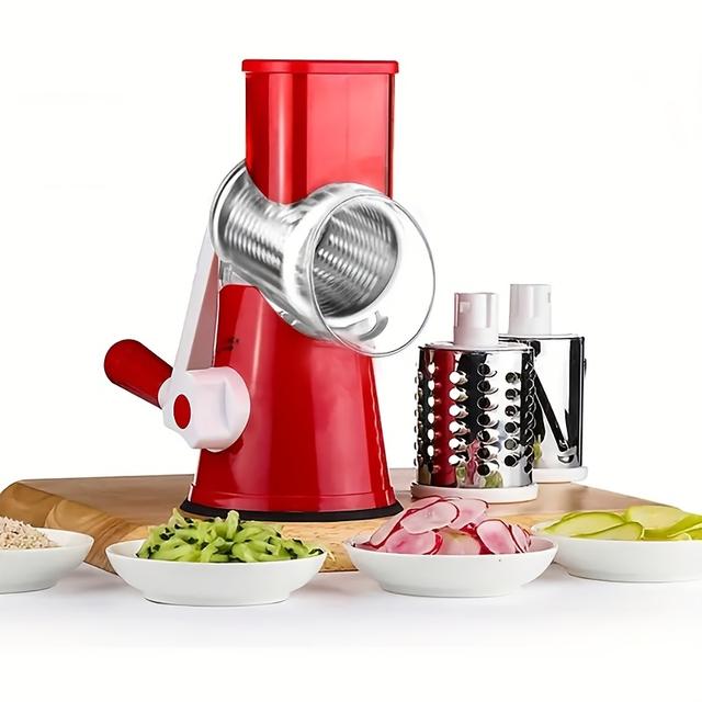 TEMU Ручний овочерізка з трьома лезами з нержавіючої сталі, ручний роликовий слайсер, терка для сиру та овочечоп з ABS-матеріалу. Має круглу форму леза, не потребує електроенергії.