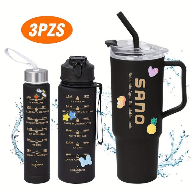 TEMU Juego de 3 Piezas: Botellas Deportivas Unisex con Asa, Tapa Rebotadora y Pajilla (1200ml/700ml/300ml), 1L Capacidad Grande, Pegatinas y Correa Portátil, Ideal para Fitness y Camping