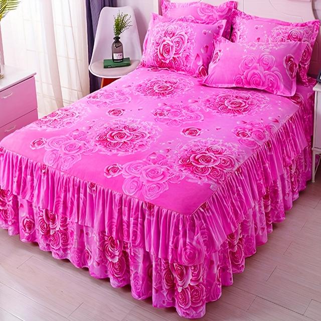 TEMU Charm Elegant Ruffle Bed Skirt Three-piece Set With 1 Bedskirt + 2 Pillowcases, No Pillow Inserts Included