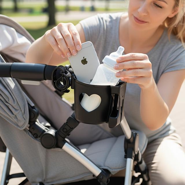TEMU 1 Universal Cup Holder For Strollers Featuring A Phone Stand, Designed In A Multifunctional Heart Shape For Drinks And Water Bottles. Made From Durable Abs Material, Compact And