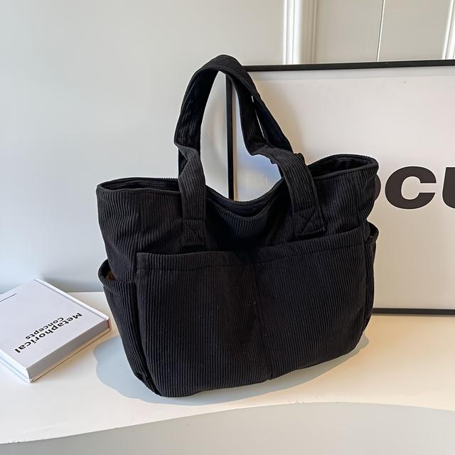 TEMU Women's Casual Corduroy Tote Bag, Striped With Fixed Straps, Zipper Closure, Polyester Lined, Large Capacity For Daily And Shopping