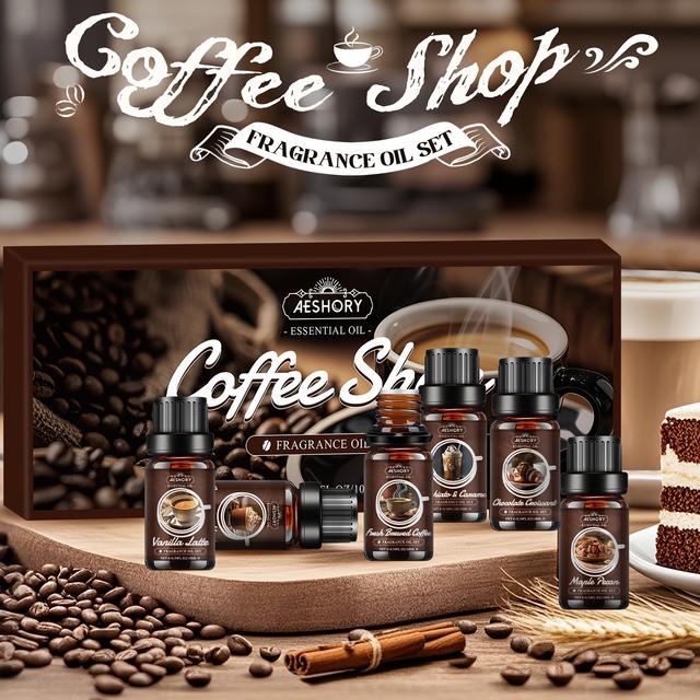 TEMU Ensemble d'Huiles Essentielles Café 6 X 10ml, Huiles Parfumées pour Diffuseur, Relaxant - Café Fraîchement Infusé, Moka , Érable Pécans, Latte Vanille, Croissant Chocolat, Caramel