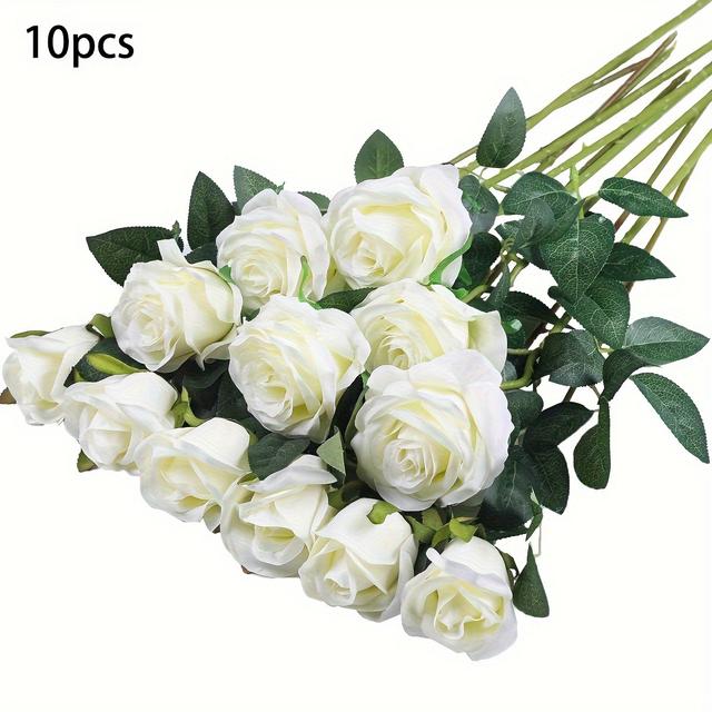 TEMU 10 Stück Künstliche Realistische Rosenstrauß mit Langem Stiel für Zuhause, Hochzeit, Deko, Party (Weiß)