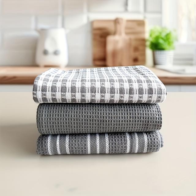 TEMU 3pcs Set Of Soft Absorbent Kitchen Towels - Large Size Durable Waffle Weave Dishcloth, Pure Green With And Striped Patterns, Easy To - Cooking, Baking And