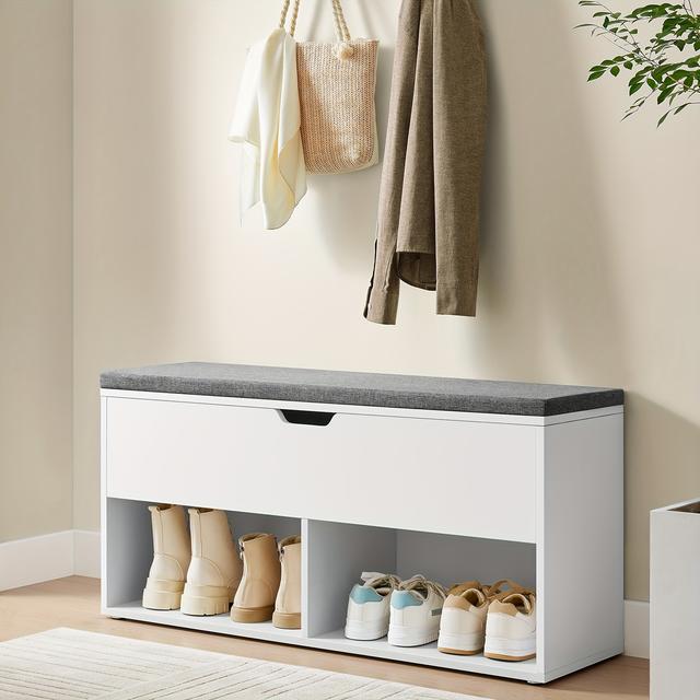 TEMU For Christmas Home Decor Shoe Bench, Storage Bench With Compartments, Shoe Shelf Padded Seat, White And Gray