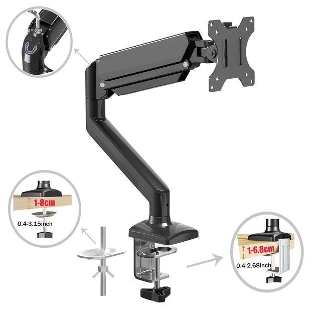 TEMU Single And Double Arm Monitor Stand, 13-32 Inch Pneumatic Monitor Arm, Adjustable Bracket, Vesa Mounting With Clips And Loop Base - Suitable For Lcd Computer Monitors Up To 19.8 Lbs
