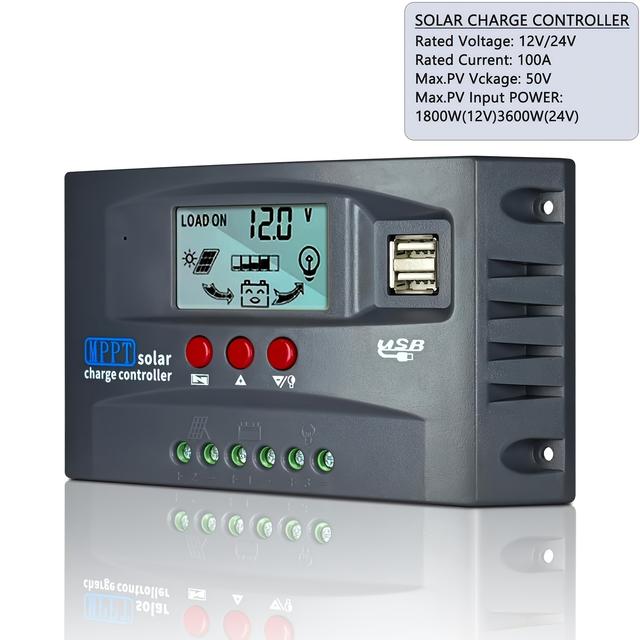 TEMU 100a Mppt Solar Charge Controller, An Intelligent Regulator For 12v/24v Solar Panels, Featuring An Adjustable Lcd Display, Dual Usb Ports, And Timer Settings For Automatic Parameters
