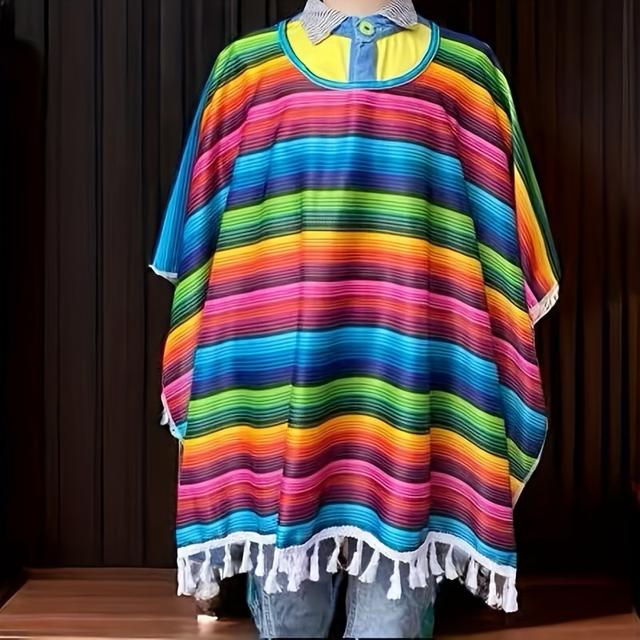 TEMU Kolorowy Pasiasty Peleryna w Stylu Meksykańskim z Gładką Teksturą – Uniseks Akcesorium na Imprezy i Scenę
