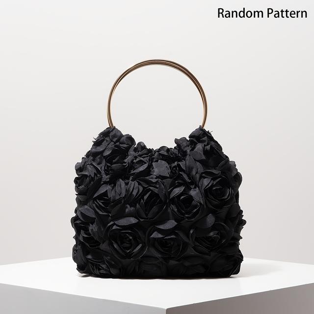 TEMU なフラワーハンドバッグ レディース用 – ホワイト/ブラック ポリエステル製 イブニング トーンハンドル付き 結婚式、パーティー、プロム、デーに最適 マグネットクロージャー 調節可能ストラップ イブニングバッグ | オケーションパース | ポリエステルローズ