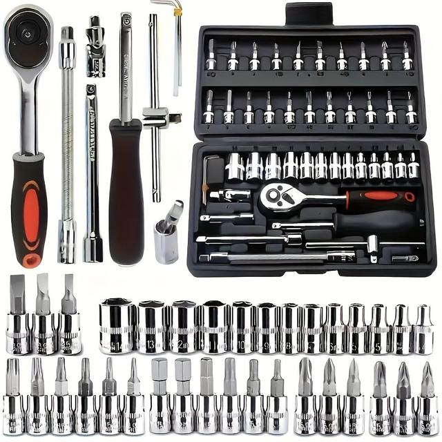 TEMU 46/150pcs Of Automotive Repair Tool Kit, Versatile With Sleeves, Wrenches, And Ratchets, Sturdy Metal Toolbox With Storage