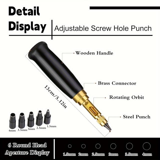 TEMU Japanese Alloy Screw Punch Set, Adjustable Leather Hole Punch Tool, 6 Tip Sizes, With Wood Handle, For Craft, Sewing, Leather, Paper, Bookbinding, Diy Projects