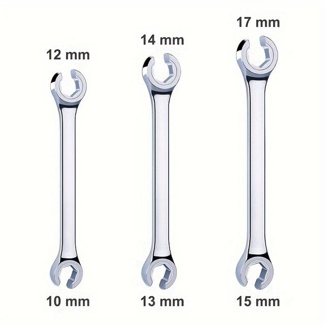 TEMU Flare Nut Wrench Set, Metric, 3pcs, 10, 12, 13, 14, 15, 17mm, 6-point Head, 15° Offset Design, Perfect Line Wrench For Fuel, Brake, Air Conditioning And More