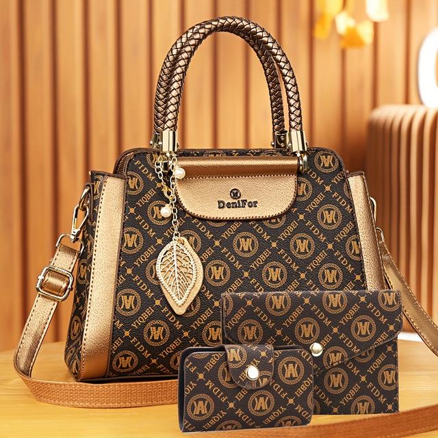 TEMU High-end Fashionable Women'-piece Set: Trendy Printed Handbag, Versatile Vintage-inspired Women'