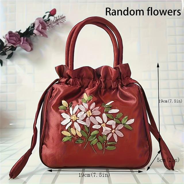 TEMU Bolso de retro bordado floral de nylon para mujer, elegante y con estilo. Gran capacidad, cierre con cordón ajustable, ideal para a día, fiestas y citas.