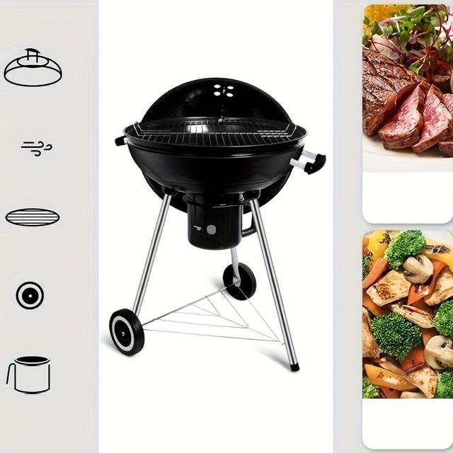 TEMU Black Charcoal Barbecue With A 57cm Diameter, Featuring A Porcelain-enameled Lid And Bowl, A Tripod Base With Wheels, And A Chrome-plated Grilling Grate.