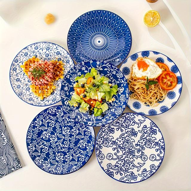 TEMU Plates Sets For 6, Small Round Porcelain Kitchen Dinner Dishes For Dessert, Appetizer, Pasta, Sandwich, 8.5 Inch, Chip And Crack Resistant, Dishwasher & Oven & Microwave Safe, Blue And White