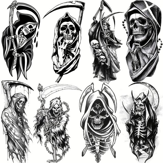 TEMU 8pcs Large Reaper & Skeleton Temporary Tattoos - Realistic, Waterproof Stickers For Adults, Halloween & Parties