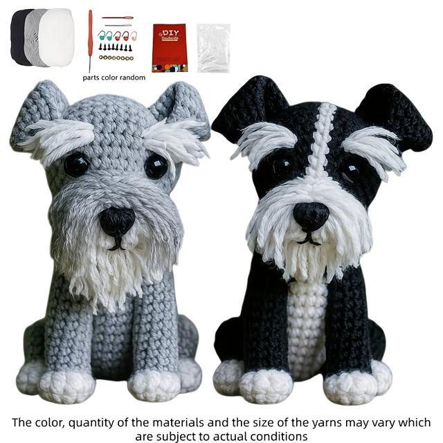 TEMU kit para tejer animales es ideal para principiantes y medianos, con un diseño de perro. una guía detallada en inglés, hilo, ojos y relleno.