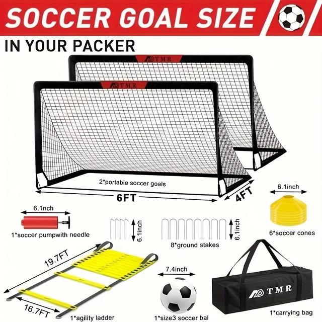 TEMU Ensemble de buts de football pop-up portable mesurant 6x4 pieds - 2 filets, une balle, des cônes et un sac à dos, parfait pour les jeux en arrière-cour - fabriqué en matériau PE