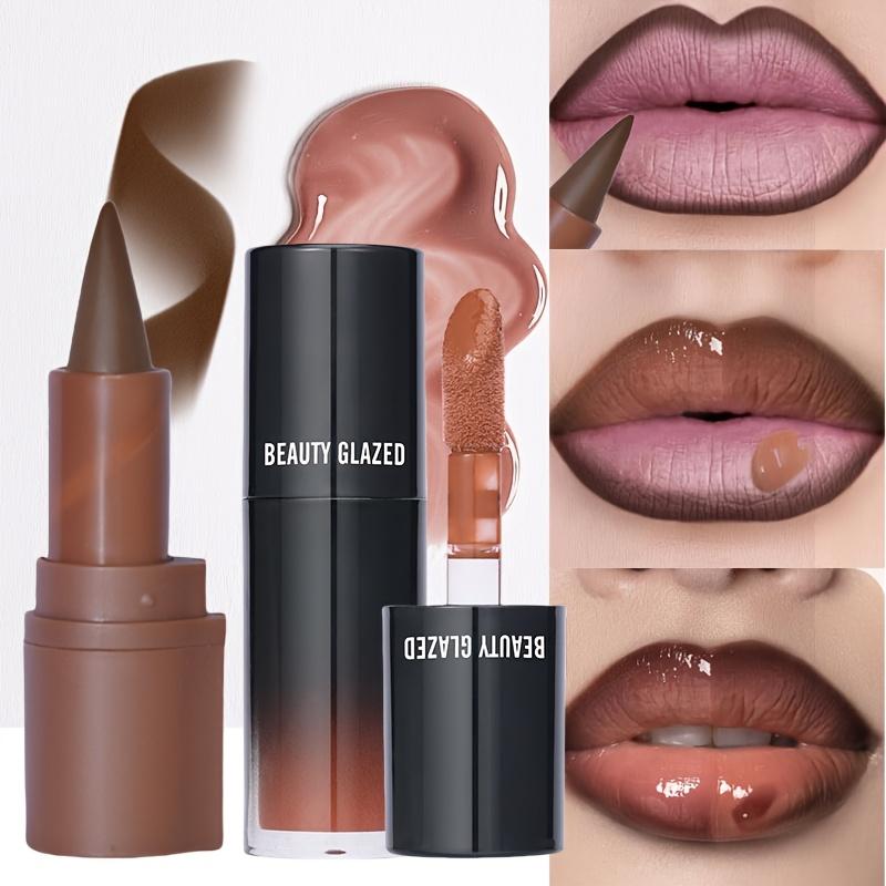 TEMU Hydrating Glitter Bling Lip Gloss And Brown Liner Combo For Women, Long-lasting High Shine Mini Liquid Lipstick With Tinted Glow Oil, Moisturizing Plumping Effect, 2 Colors, Lip Liner Combo