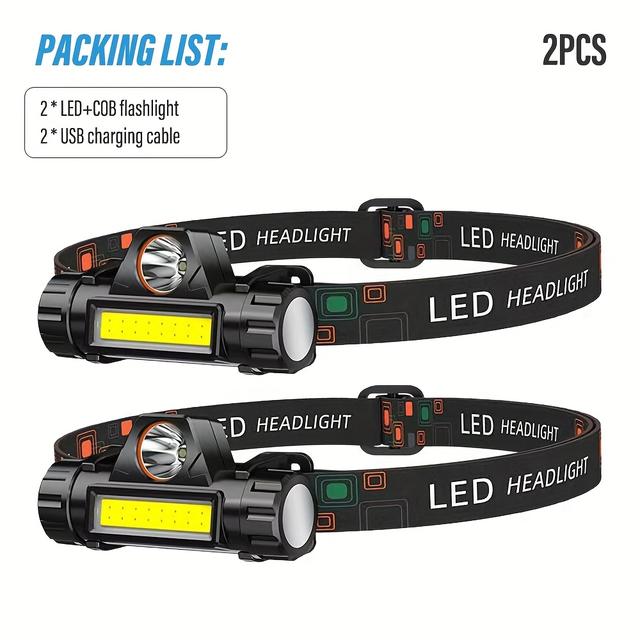 TEMU 2pcs Led Headlamps, Usb Rechargeable Cob Headlamps, Featuring Magnetic Flashlights, Very Lightweight, Adjustable Headbands, Suitable For Outdoor Camping, Running, Fishing, And Emergencies.