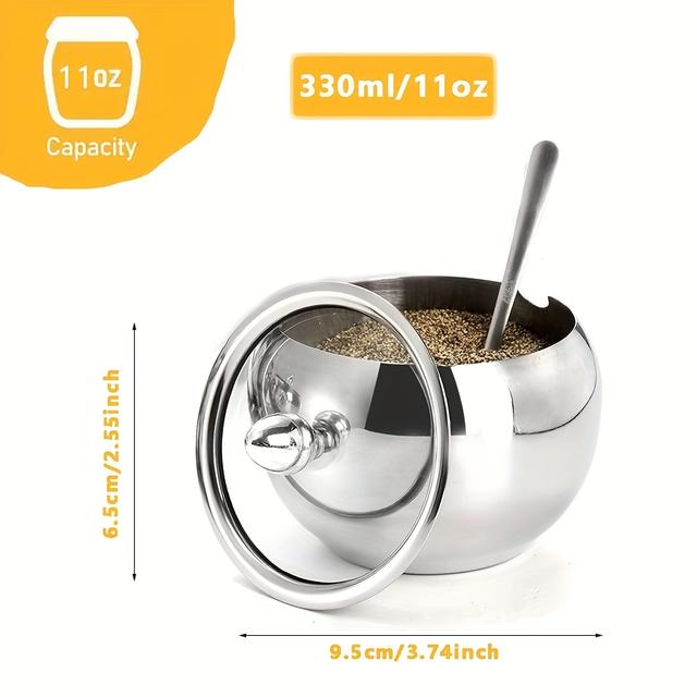 TEMU 1pc 300ml (10 Oz) Stainless Steel Sugar Bowl With Glass Lid And Spoon - Suitable For Coffee Bar Additions And Kitchen Storage