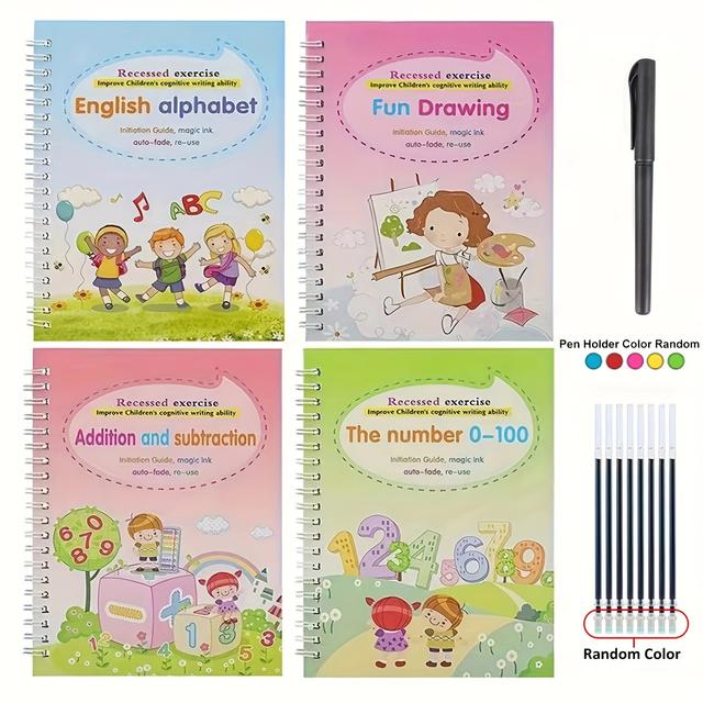 TEMU 4 قطع دفتر تدريب الكتابة ، كتاب تلوين الخط القابل لإعادة الاستخدام (4 كتب + 1 قلم + 8 حبر)، هدية عيد الميلاد