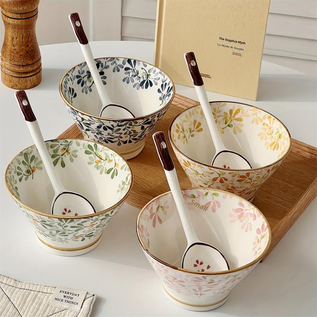 TEMU 4pcs Ceramic Bowls, Hand-painted Floral Pattern, Rice Bowl, Salad Bowl, Soup Bowl, , Underglaze Color, Kitchen Supplies, Tableware, Safe And Healthy, Oven Microwave Safe