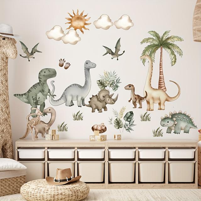 TEMU Cartoon Cute Dinosaur Theme Sun Coconut Tree Decorative Wall Stickers | Self-adhesive Pvc Wall Decor For Room, Kindergarten, Bedroom, Living Room Sofa Background